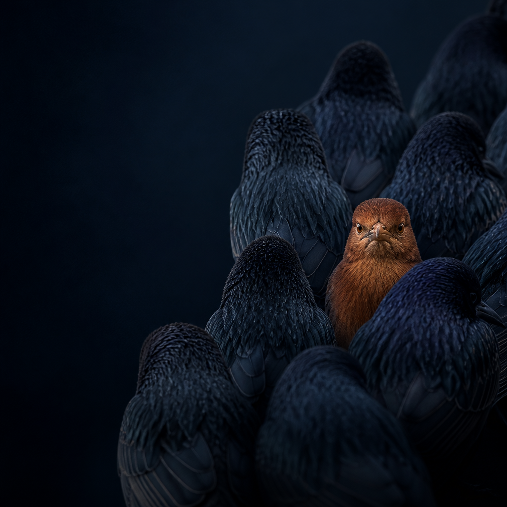 One orange bird facing the camera in a flock facing away